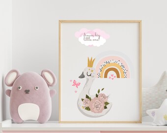 Cute Swan, Pastel Rainbow, Pink Clouds, Butterfly. Pink Hearts Digital Print, Nursery Decor Wall Art, Girls Nursery, Girls Room, Flowers