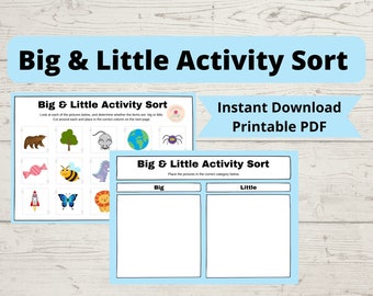 May include: A printable PDF activity sheet for kids to learn about big and little objects. The sheet features a grid of images of a bear, tree, mouse, globe, spider, candy, bee, dinosaur, rocket, butterfly, and lion. The images are to be cut out and sorted into two columns labeled "Big" and "Little".