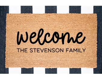 Welcome Family Name Doormat, Personalized Welcome Mat, Custom Last Name Doormat, Housewarming Gift, Closing Gift, Personalized Doormat