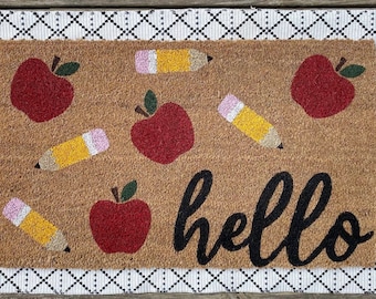 Apple and Pencil Hello Doormat, Classroom Doormat, Teacher Gift, Back to School, Classroom Decor, Teacher Christmas Gift