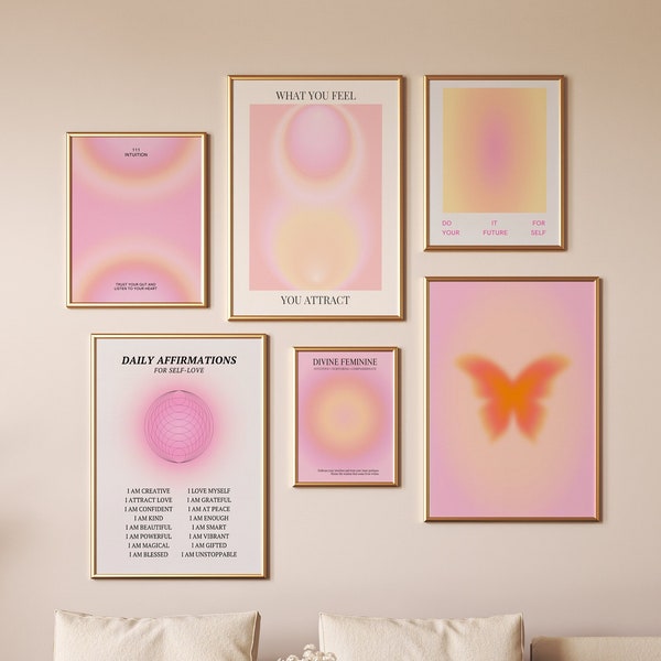 Positive Affirmation Pink und Orange Aura Poster Set von 6 Drucken, Galerie Wand Art Print Set, Retro Körniger Farbverlauf druckbare Poster