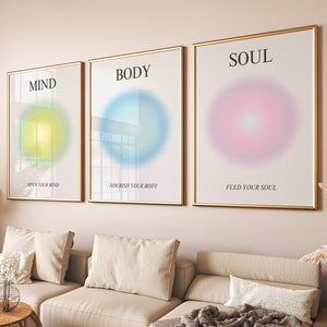Mind Body Soul Colorful Aura Poster 3 Piece Printable Wall Art Set, Spiritual Gradient Set of 3 Prints, Aesthetic Room Decor Zen Wall Art