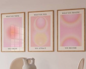 Aura Poster 3 Piece Wall Art, Pink Aura Energy Spiritual Gradient Print, Y2K Decor, Aesthetic Room Decor, Zen Wall Art