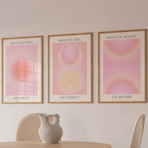 Art mural affiche Aura 3 pièces, impression dégradé spirituel énergie Aura rose, décoration de l'an 2000, décoration de chambre esthétique, art mural zen