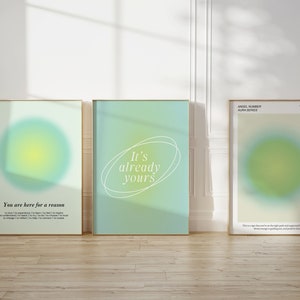 Positive Affirmation Green Aura Poster, Angel Numbers 777, Printable Set of 3 Prints, Aesthetic Room Decor, Trendy 3 Piece Gradient Wall Art