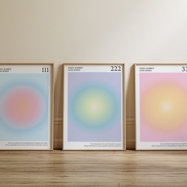 Engel Zahlen Aura Poster druckbares Set für 111 222 333, ästhetische Raumdekoration Trendy Spirituelle Aura Energie Set von 3 Drucke Farbverlauf Wandkunst