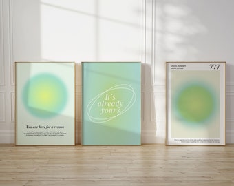 Positive Affirmation Green Aura Poster, Angel Numbers 777, Printable Set of 3 Prints, Aesthetic Room Decor, Trendy 3 Piece Gradient Wall Art