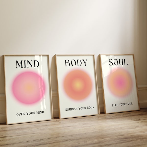 Mind Body Soul Aura Poster 3-teilige Wandkunst, Aura Energy Spirituelles Farbverlaufsset mit 3 Drucken, Y2K Ästhetisches Raumdekor Spirituelle Zen-Wandkunst