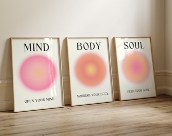 Geist Körper Seele Aura Poster 3-teilige Wandkunst, Aura Energie spiritueller Farbverlauf Set mit 3 Drucken, Y2K Ästhetik Raumdekor spirituelle Zen Wandkunst