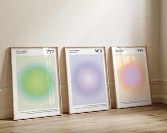 Angel Numbers Aura Poster Printable Set for 777 888 999, Aesthetic Room Decor Trendy Spiritual Aura Energy Set of 3 Prints Gradient Wall Art