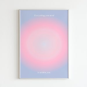 Póster de afirmación de aura rosa, todo lo que necesitas está dentro de ti, póster de aura rosa y púrpura estética retro, arte mural espiritual