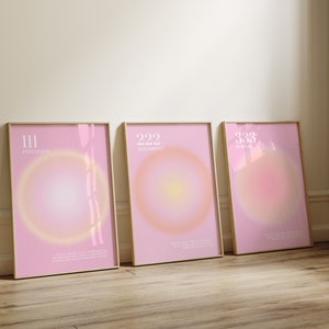 Angel Numbers Aura Poster Printable Set for 111 222 333, Pink Aesthetic Decor Trendy Spiritual Aura Energy Set of 3 Prints Gradient Wall Art