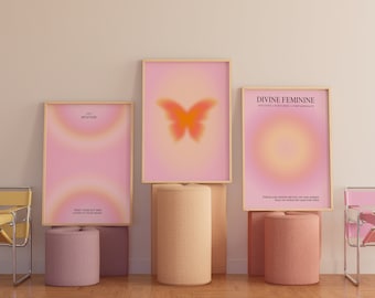 Pink Aura Poster 3 Piece Wall Art, Aura Energy Spiritual Gradient Set of 3 Prints, Y2K Aesthetic Room Decor Angel Number Wall Art