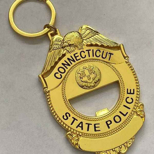 Full size CT Connecticut State Police Trooper badge challenge coin keychain bottle opener.  LEO challenge coins