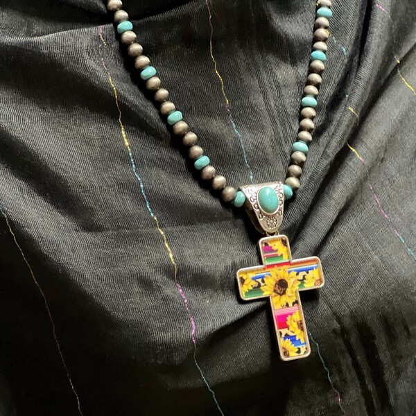 Turquoise Navajo Native American Style Cross Sunflower Resin Cross Pendant Necklace Beautiful Cross Pendant With Religious Pendant