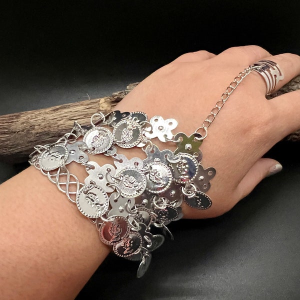 Belly dance SILVER Adjustable Coin bracelet connected with ring