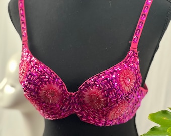 PINK Charming Handmade Beads Belly Dance Sequined Bra Top Floral Beads Bra Shining Bra Sequin Bra Beads Bra