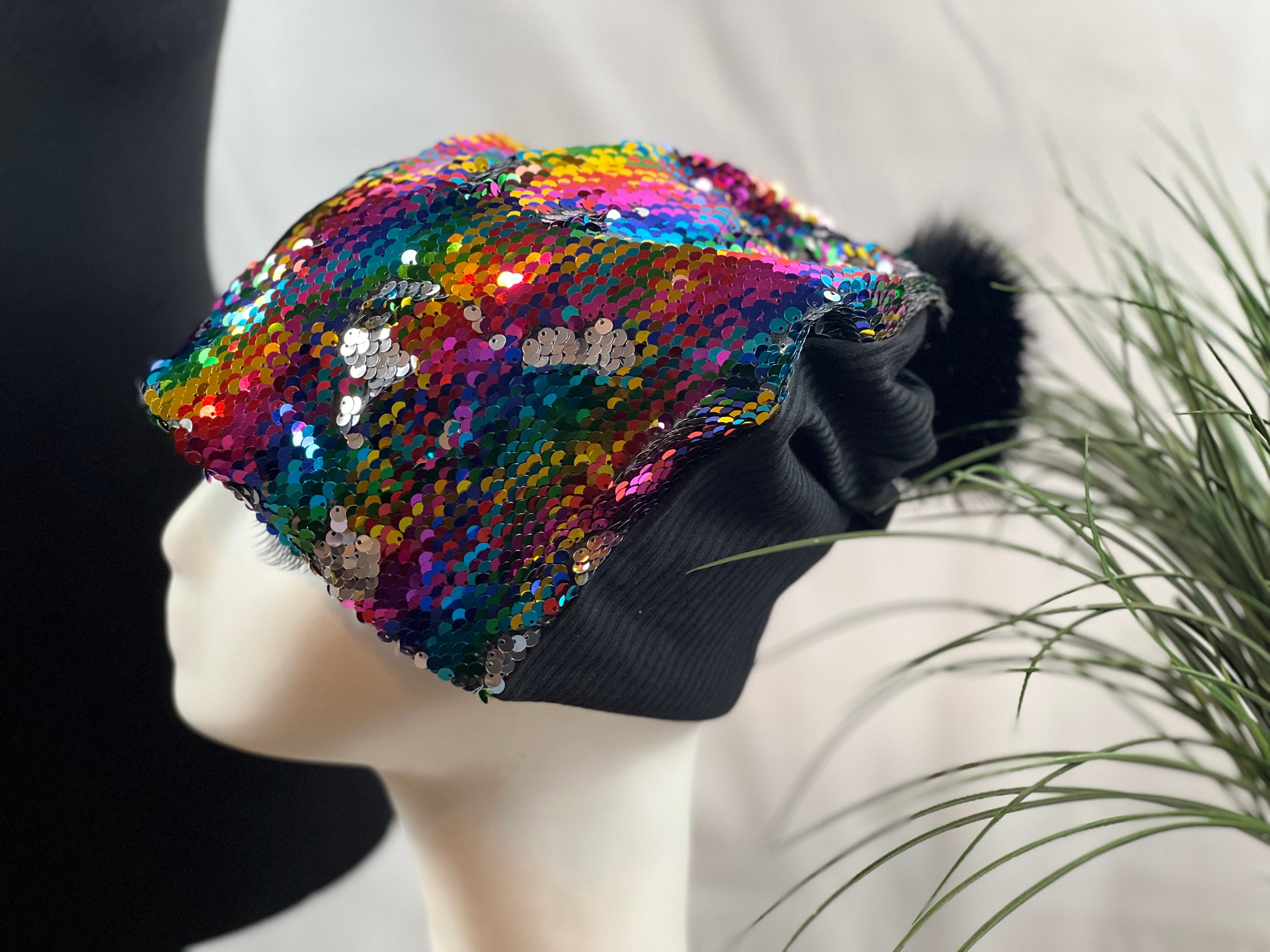 Rainbow Reversable Sequin Winter Hat. Sequin Beanie Hat, Pom Pom Beanie