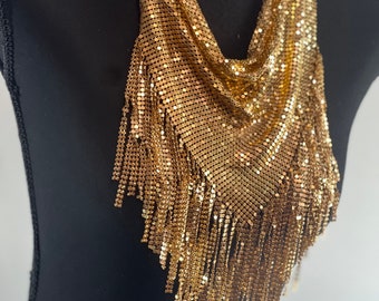 Gold Metal Mesh 1970s style  Bandana Necklace Scarf 1970s Cowl Disco Necklace Triangular Scarf Body Jewerly Gold Metal Shinning Necklace