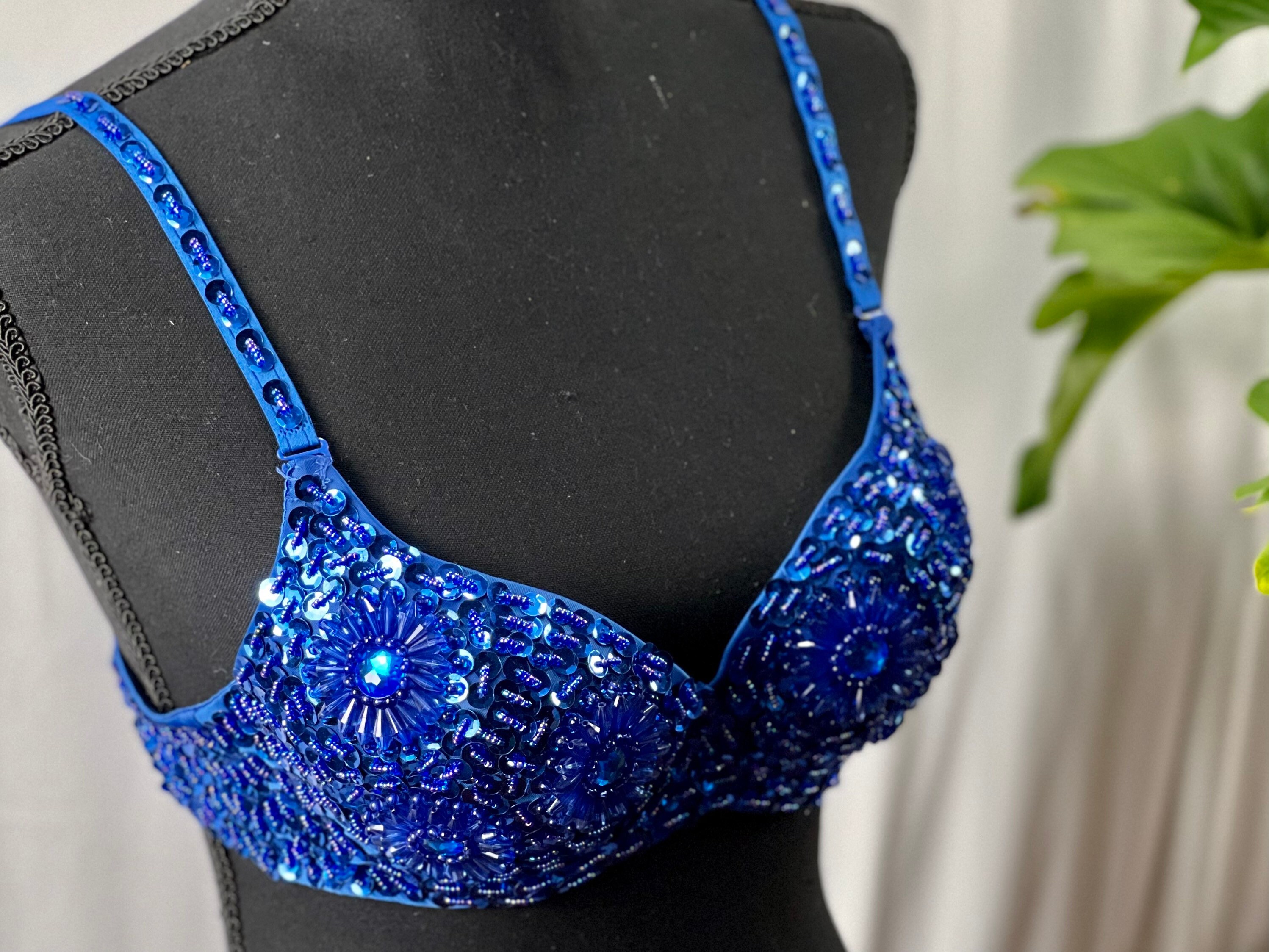 Royal Blue Beaded Bra With Pearl Accents And Matching Pants