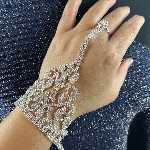 Gorgeous Crystal Rhinestone Hand Chain. Silver Alloy Chain Bracelet Connected To Finger Ring Hand chain adjustable ring attached to bracelet