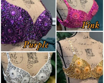 Charming Handmade Beads Belly Dance Sequined Bra Top Floral Beads Bra Shining Bra Sequin Bra Beads Bra