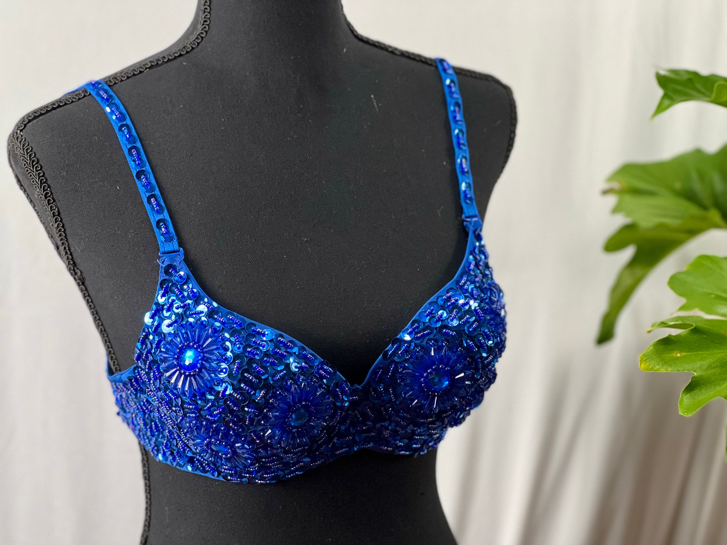 Sequin Dance Costume Bra with Beaded Accents in Turquoise