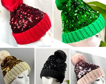 Bling Sequin Beanie Hat Winter Hat With Pom Pom Sequin Beanie Hat, Pom Pom Beanie Hat Christmas Hat Gift Slouchy New Year Hat