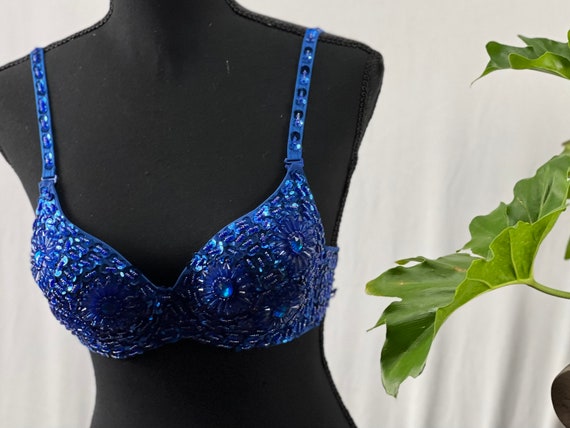 Royal Blue Charming Handmade Beads Belly Dance Sequined Bra Top Floral Beads  Bra Shining Bra Sequin Bra Beads Bra 