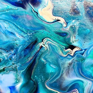 May include: Abstract painting with swirling blue, teal, and white paint. The paint has a marbled effect and creates a sense of movement.