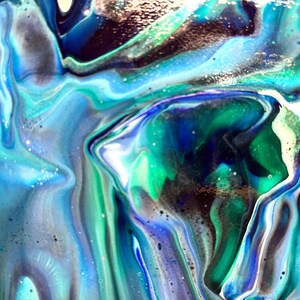 May include: Abstract painting with swirling blue, green, and white colors. The colors blend together to create a unique and dynamic design.