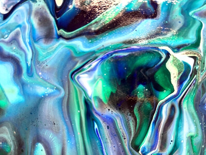May include: Abstract painting with swirling blue, green, and white colors. The colors blend together to create a unique and dynamic design.