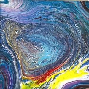 Tramonto sul mare, pittura acrilica versata, arte fluida originale, versamento dritto