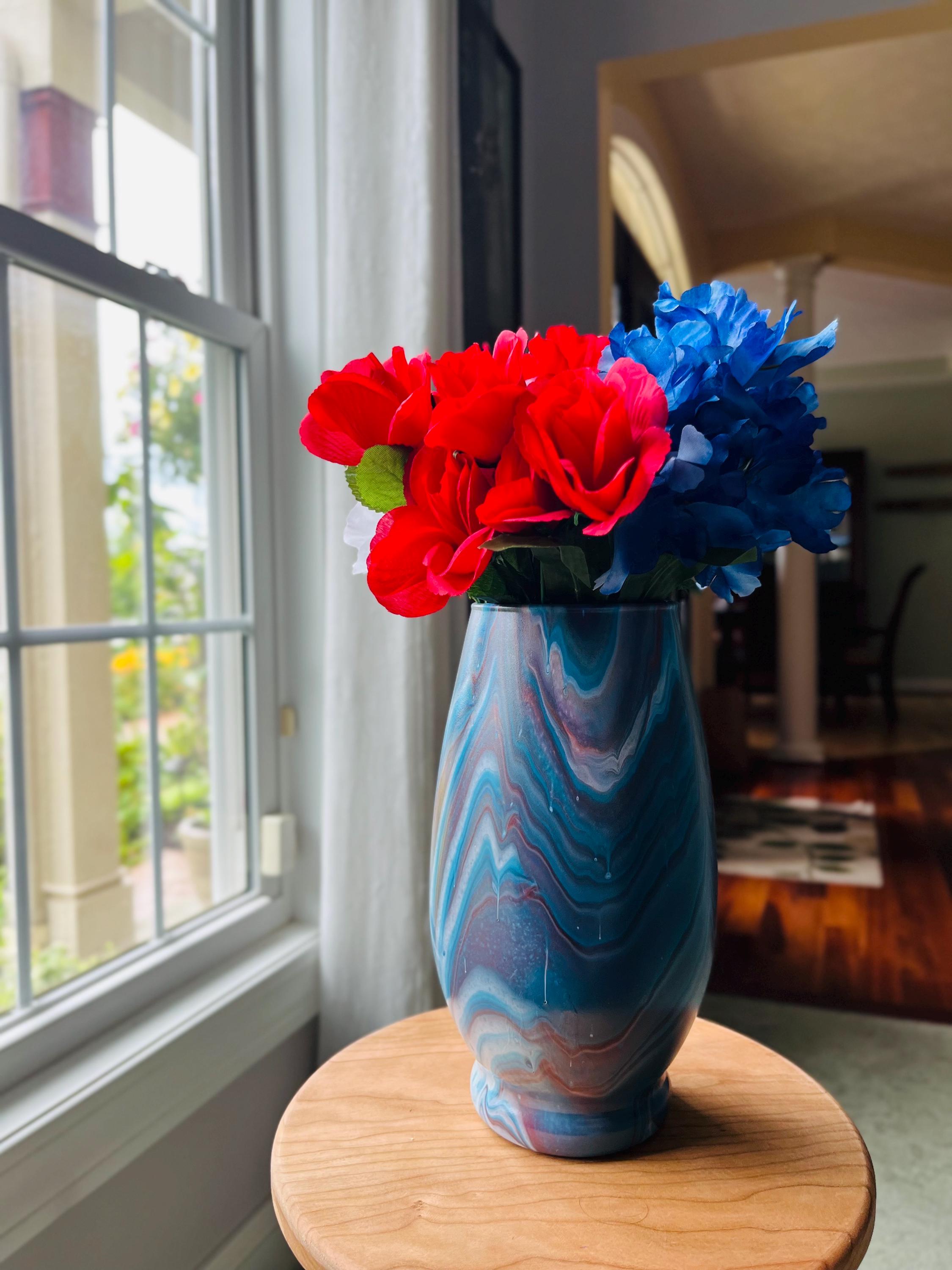 Acrylic Pour Glass Vase: Blue, White, Red Fluid Art - Etsy