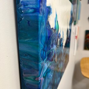 May include: Abstract painting on canvas with blue, white, and green colors. The paint is swirled and layered, creating a dynamic and textured effect.