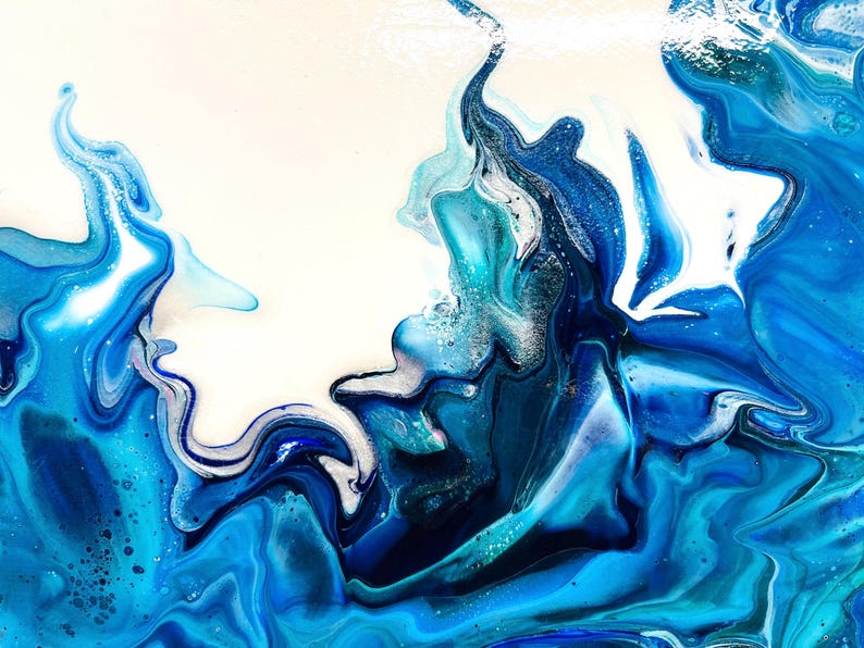 May include: Abstract painting with swirling blue, white, and turquoise paint. The colors blend together to create a dynamic and fluid design.