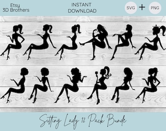 Zittende dame meisje silhouet | 12-packbundel | Taarttopper | SVG | Taarttopper lasergesneden | Bundel| Zittende dame taarttopper