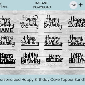 Pacote de topo de bolo de feliz aniversário SVG, personalizado, topper de bolo cortado a laser, pacote, topper de bolo svg, topper de bolo de casamento, feliz aniversário