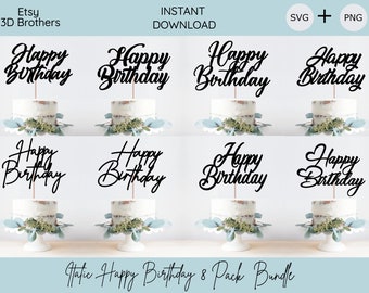 Happy Birthday Cake Topper SVG Bundle: Italic Cursive (Digital Download)