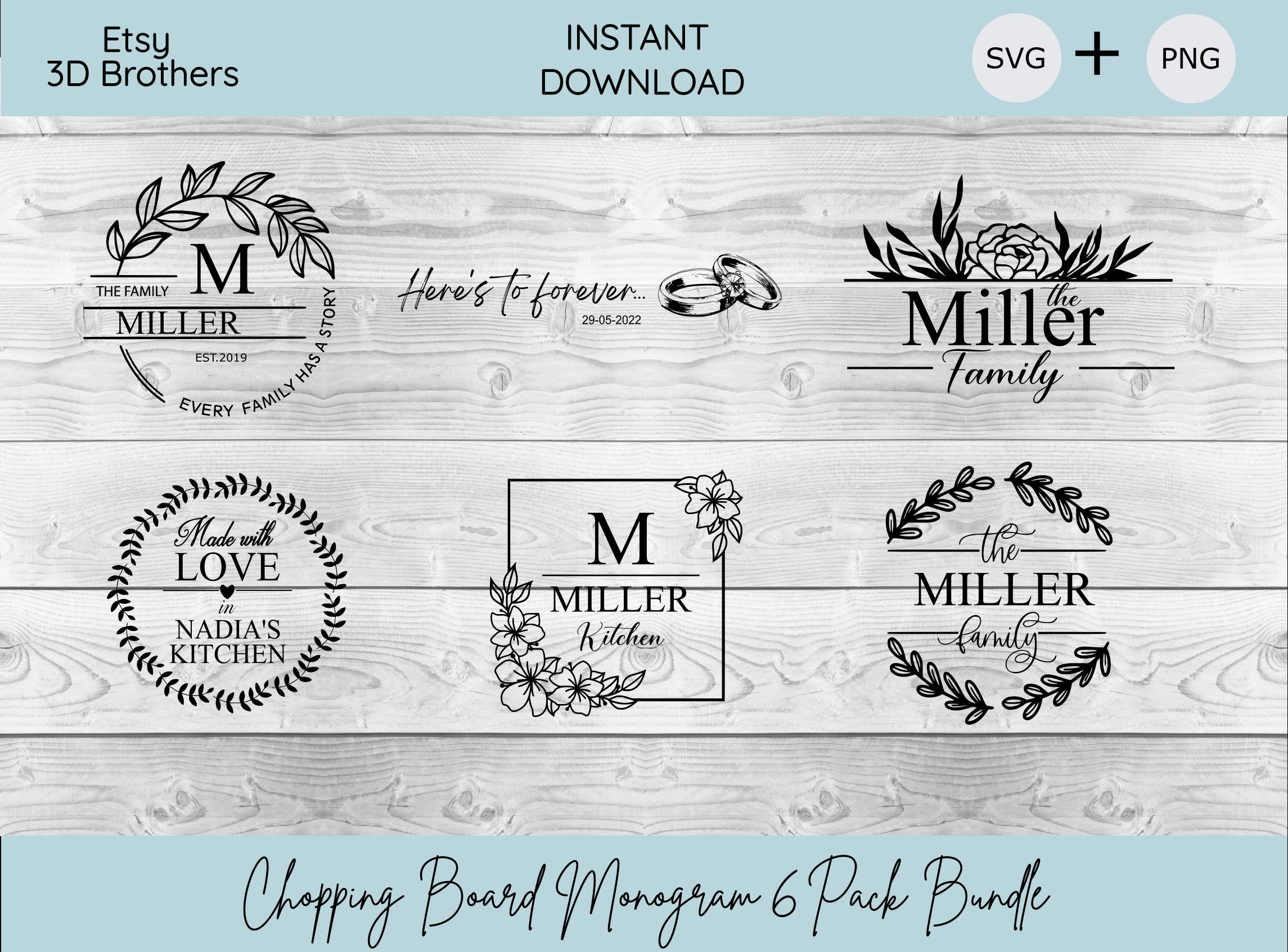Chopping Board Monogram SVG Bundle: Wedding & Family Designs (digital ...