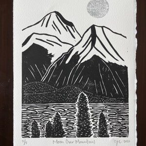 Linocut Print, Relief Print, Handmade, Mountain Scene, Artwork