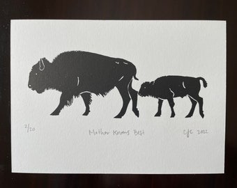 Bison Linocut Print, Relief Print, Handmade, Artwork