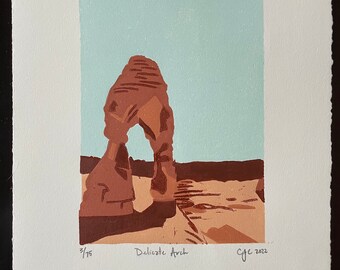 Delicate Arch Linocut Print, Relief Print, Handmade, Arches National Park, Artwork