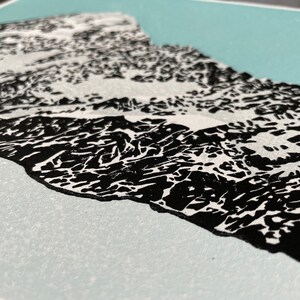 May include: A black and white print of a mountain range with a light blue background.