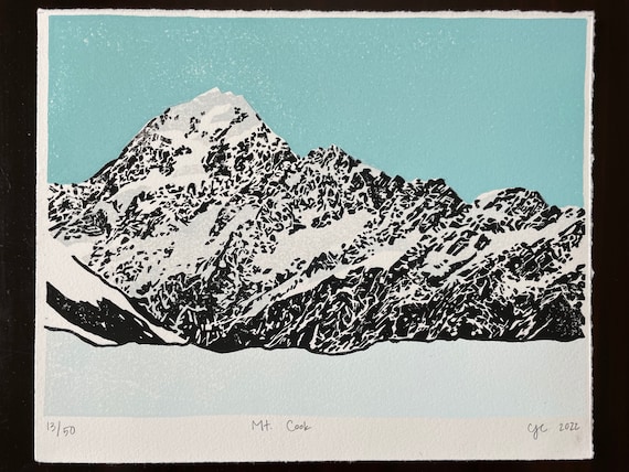 Aoraki Mt Cook Woodblock Print New Zealand Art Relief Print Limited Edition