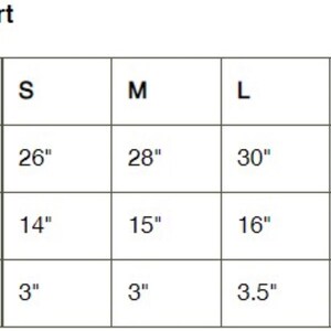 May include: Size chart for clothing with measurements in inches for length, waist, and inseam. Sizes include S, M, L, and XL.