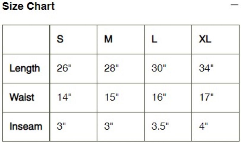 May include: Size chart for clothing with measurements in inches for length, waist, and inseam. Sizes include S, M, L, and XL.