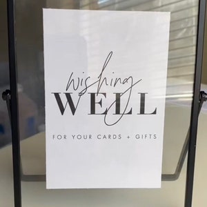 Plantilla de signo de caja de tarjeta 'Wishing Well' de boda moderna en blanco y negro, descarga editable INSTANTÁNEA