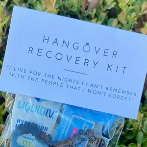 Può includere: Un biglietto bianco con il testo "Hangover Recovery Kit" e la citazione "Vivo per le notti di cui non riesco a ricordare, con le persone che non dimenticherò mai". Un sacchetto di plastica trasparente con un pacchetto di moltiplicatore di idratazione Liquid I.V. blu e bianco, un pacchetto di gocce per gli occhi chiare blu e bianco e elastici per capelli neri.