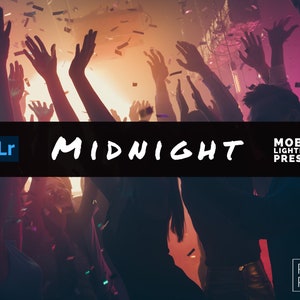 May include: Image of a crowd at a concert with hands raised in the air. The word "MIDNIGHT" is written in white, with "MOBILE LIGHTROOM PRESETS" below it. The image has a dark, vibrant color scheme with confetti.